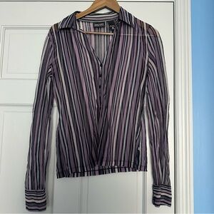 New York & Company Striped Sheer Button-Up Blouse - Black and Pink